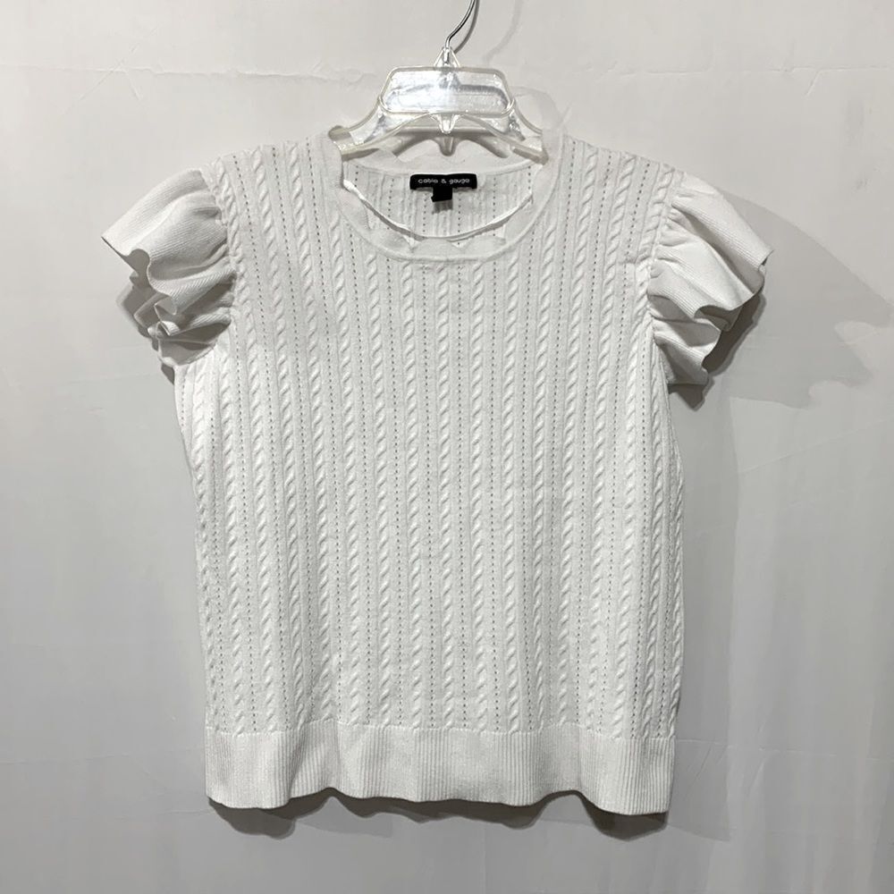CABLE & GAGE cable-knit sweater with a scalloped neckline and ruffled sleeves